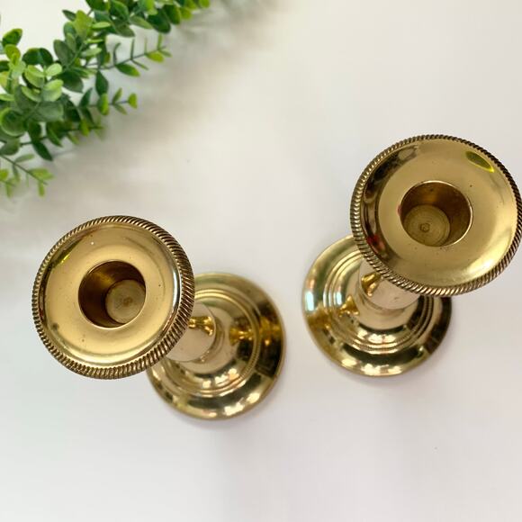 Vintage Andrea by Sadek Lacquered Gold Brass Taper 8" Candle Holders Set of 2 - Picture 2 of 3